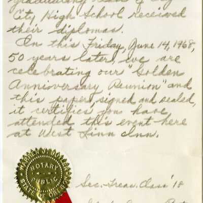 Oregon City High School - 1968 - Reunion Class of 1918 - Attendance Certificate