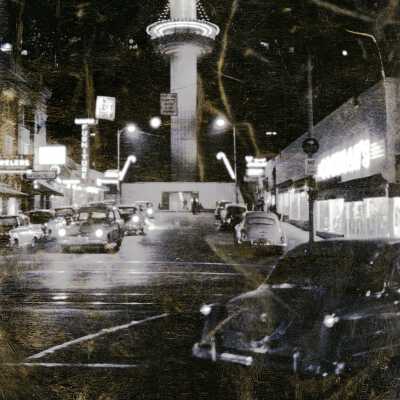 Night Photo of Oregon City Elevator with Christmas Decorations and Lights.