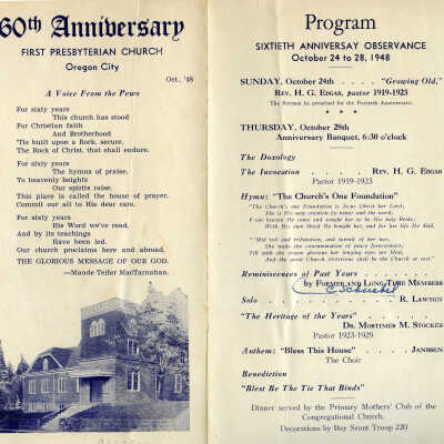 First Presbyterian Church - Oregon City, Oregon - 60th Anniversary Program Pamphlet - October, 1948