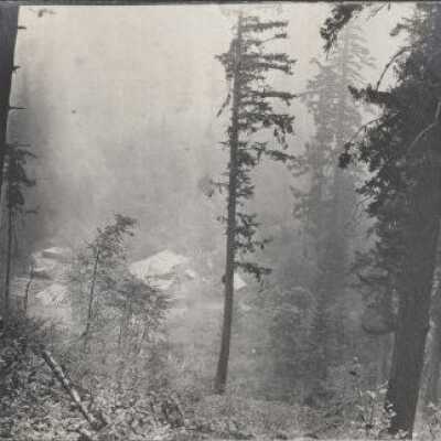 Photograph of forest ravine with building being constructed - Print, photographic Circa 1913 - 1915