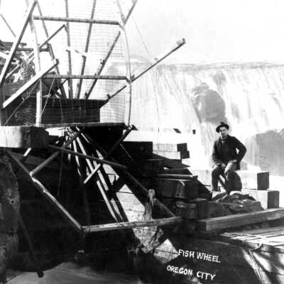 Willamette Falls fishwheel on Black Point, Oregon City, 1896.