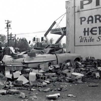 1962 Columbus Day Storm, Car Damage at Fred Meyers Store in Oak Grove.