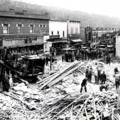 Building demolition on Main Street looking east between 5th and 6th Street, Oregon City, Oregon.