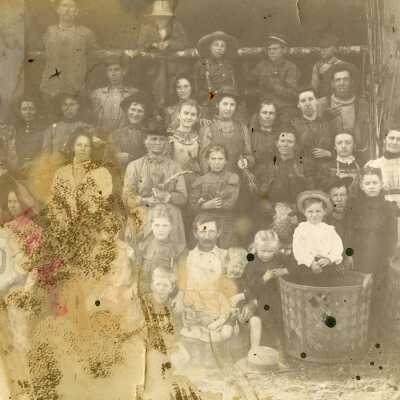Large Group Photo of Teasle Pickers.
