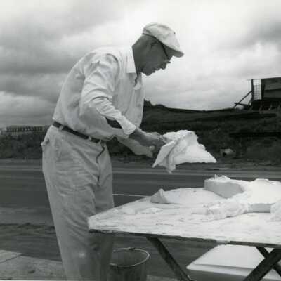 Worker with Plaster Grout, I-205 Bridge Construction.