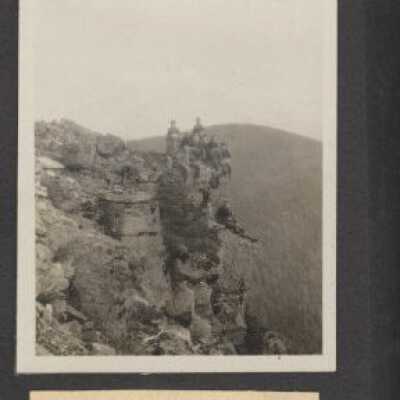 Wahtum Lake Boy Scout outing, 1926. Mt. Chinidere rock.