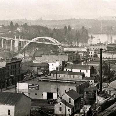 Oregon City and the Arch Bridge as seen from the Bluff.: Origsize: 3" x 5"; Origformat: Print-Photographic
