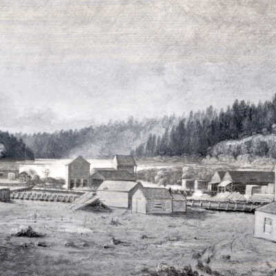 Oregon City 1845-1855 - Early Mills Lithograph