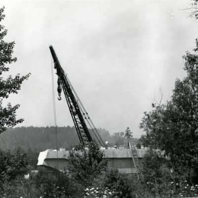 Workers, Crane and Concrete, I-205 Bridge Construction.