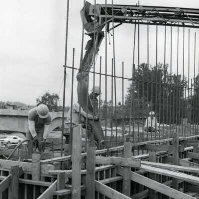Workers during  concrete pour, I-205 Bridge Construction, 1970.: Origsize: 8"x10"; Origformat: Print-Photographic
