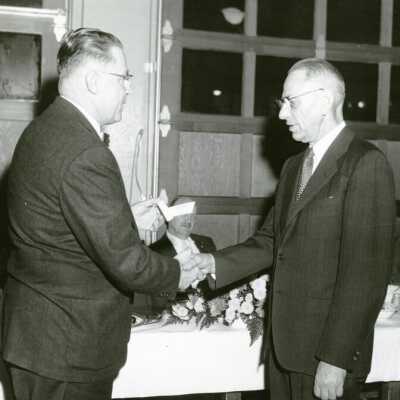 George Helzer presenting Cris Stromier with Award, 1966: Origformat: Print-Photographic