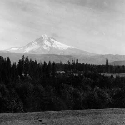 Mt. Hood, buildings, forest, stream, bridge Sharon's Track, road.