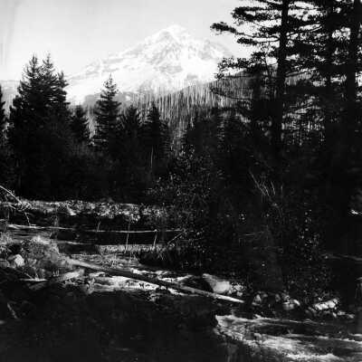 Mt. Hood, buildings, forest, stream, bridge Sharon's Track, road.: Copyright: Clackamas County Historical Society; Origsize: 5x7; Origformat: Print-Photographic