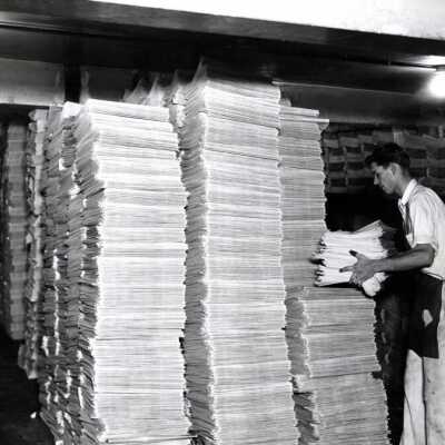 Newspaper Stacking: Copyright: None; Origsize: 8"x10"; Origformat: Print-Photographic