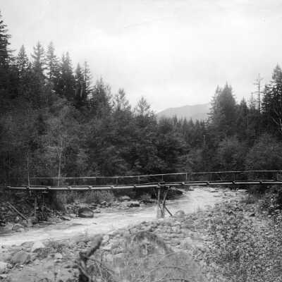 Mt. Hood, buildings, forest, stream, bridge Sharon's Track, road.: Copyright: Clackamas County Historical Society; Origsize: 5x7; Origformat: Print-Photographic