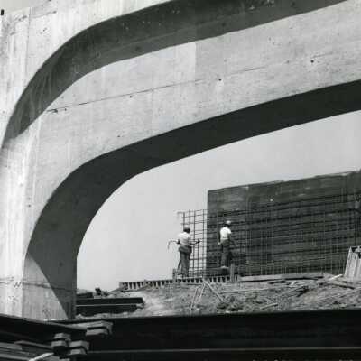 Workers, Rebar and Concrete, I-205 Bridge Construction.