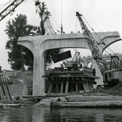 Pilons and Cranes, I-205 Bridge Construction.