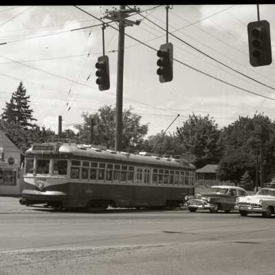 Oregon City Interurban Car at Jennings Crossing with McLoughlin Blvd.