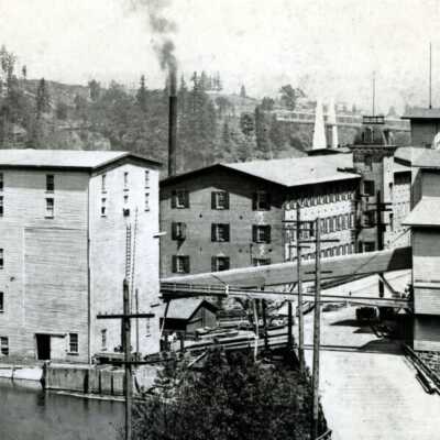 Oregon City end of Main Street at the Boat Basin, 1897.: Copyright: Clackamas County Historical Society; Origsize: 5x7; Origformat: Print-Photographic