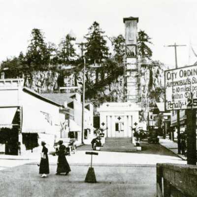 Liberty Loan Temple and Old Elevator, 7th and Main Streets of Oregon City.: Copyright: None; Origsize: 5" x 8"; Origformat: Print-Photographic