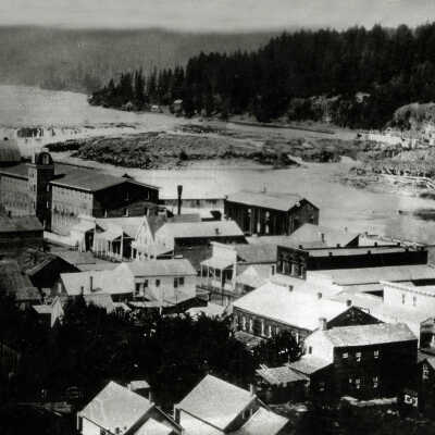 Oregon City Looking South with view of Main Street and Willamette Falls, 1885.