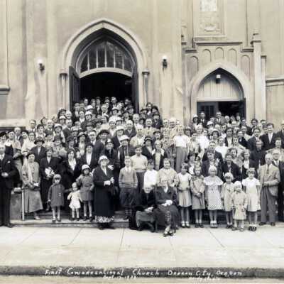 First Congregational Church with Congregation, 1933.: Copyright: None; Origsize: 4" x 6"; Origformat: Print-Photographic