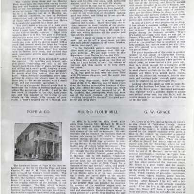 Huntley Stores, Pope & Co., Mulino Flour Mill, and G.W. Grace articles.: Origsize: 5" x 7"; Origformat: Print-Photographic