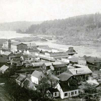 Oregon City Looking South to the Falls from 5th Street Steps. 1876.: Copyright: None; Origsize: 4" x 8"; Origformat: Print-Photographic