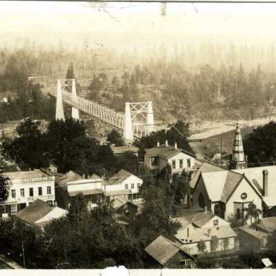 Oregon City-West Linn Suspension Bridge over Willamette River from Bluff.: Origsize: 3" x 5"; Origformat: Print-Photographic