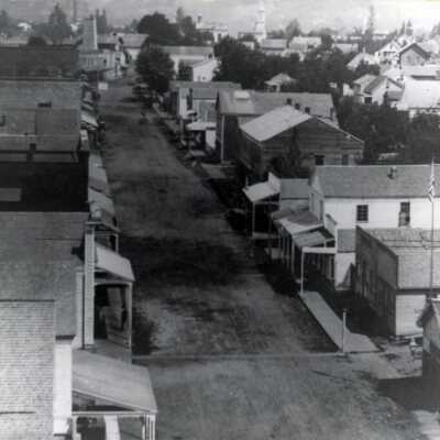 Oregon City Main Street from the Woolen Mill Tower. 1874: Copyright: None; Origsize: 8" x 10"; Origformat: Print-Photographic
