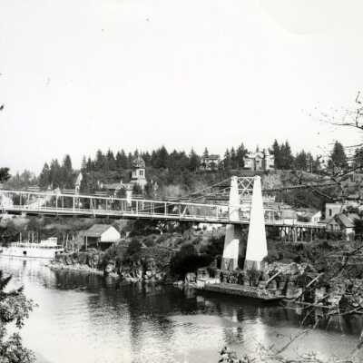Old O.C./w. Linn suspension bridge.: Origsize: 8" x 10"; Origformat: Print-Photographic