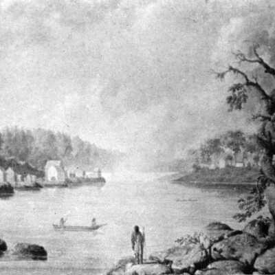Early drawing of Native Americans, Willamette Falls.
