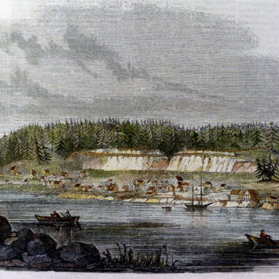 Oregon City 1845 - Lithograph of Oregon City from West Linn
