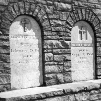 McLoughlin Grave Markers under St. John's Catholic Church.: Copyright: Clackamas County Historical Society; Origsize: 5x7; Origformat: Print-Photographic