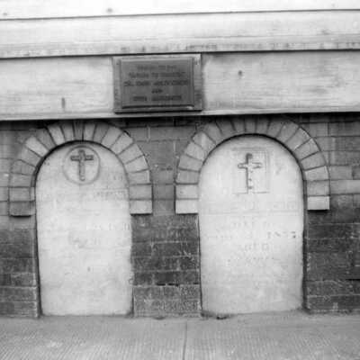 McLoughlin Grave Markers under St. John's Catholic Church.: Copyright: Clackamas County Historical Society; Origsize: 3x5; Origformat: Print-Photographic