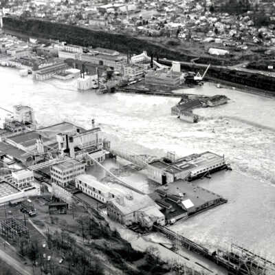 1964 Flood - Aerial View of Willamette Falls and West Linn and Oregon City Mills.