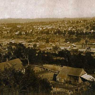 Oregon City 1910 - Viewed from West Linn Showing three Stairways Coming down Bluff