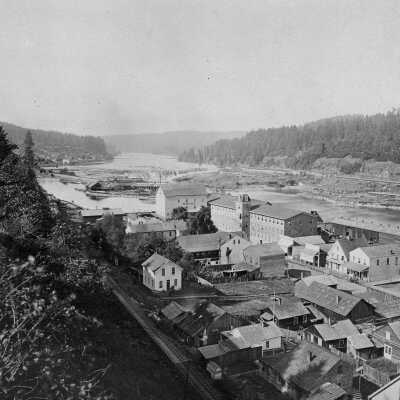 Willamette Falls and view of mills on river, 1874.