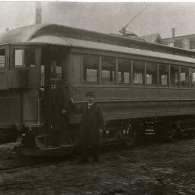 Oregon City 1895 - Electric Streetcar on Main Street with E.M. Howell, the Conductor, on the Step