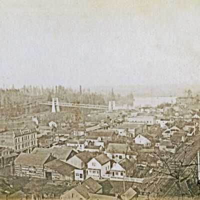 Oregon City and Suspension Bridge viewed from Bluff looking NE.: Origsize: 3" x 5"; Origformat: Print-Photographic