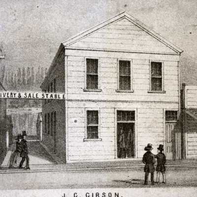 Oregon City 1858 - J.C. Gibson - Livery Stable at Back of Shades Saloon