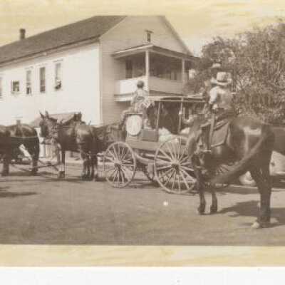 Building, Wagon, and Horse