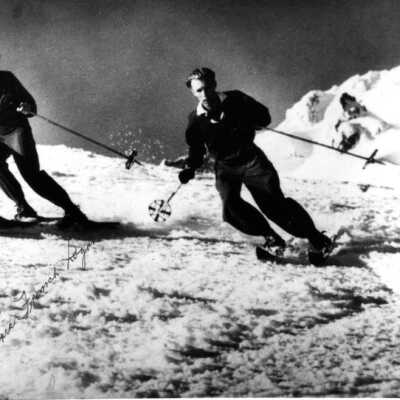 Skiers at Swim, Oregon, and Laurie French Logan and unidentied, 1938: Copyright: Clackamas County Historical Society; Origsize: 8x10; Origformat: Print-Photographic
