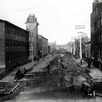 Laying St. Car Strack, 2nd & Main, 1901: Copyright: None; Origsize: 8" x 10"; Origformat: Print-Photographic