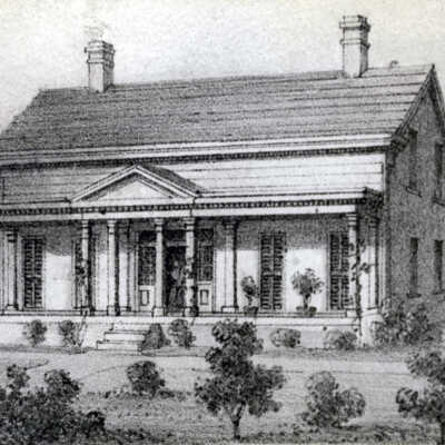 The George Abernethy House from Charman & Warner LIthograph of Oregon City.: Copyright: None; Origsize: 5"x8"; Origformat: Print-Photographic