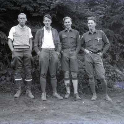 Don Earl, Jim Burdette, Leonard Hammerly, and Kenneth Ackles - Boy Scout Leaders at Boy Scout Camp Merriwether, Oregon - Negative