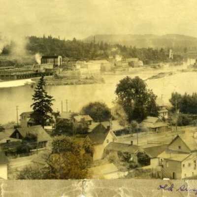 Oregon City-West Linn Suspension Bridge over Willamette River.  Photo shows: Origsize: 3" x 5"; Origformat: Print-Photographic