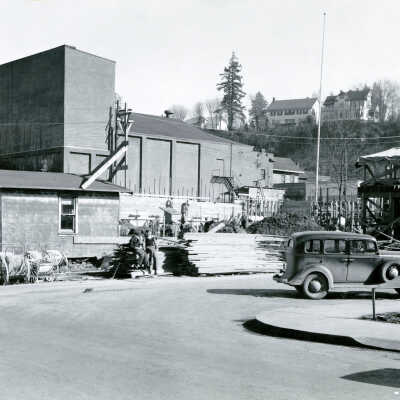 Setting Foundation of Clackamas County Courthouse, 1936.: Copyright: Clackamas County Historical Society; Origsize: 4" x 6"; Origformat: Print-Photographic