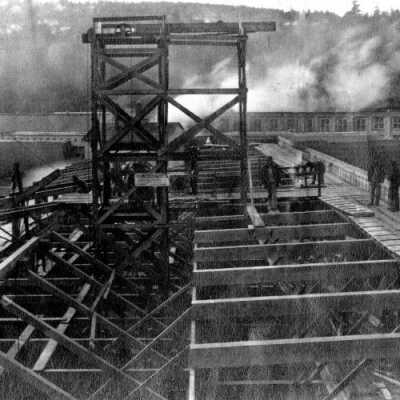 Oregon City Woolen Mill construction, 1917: Copyright: Clackamas County Historical Society; Origsize: 3x5; Origformat: Print-Photographic