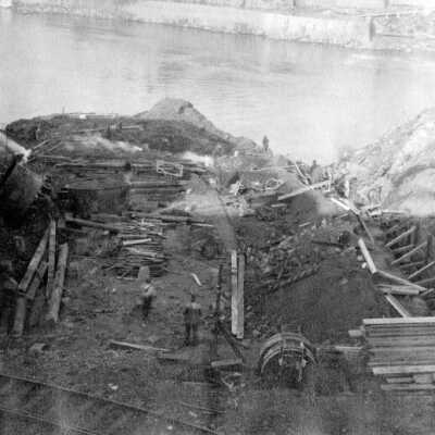 Oregon City Woolen Mill construction, 1917: Copyright: Clackamas County Historical Society; Origsize: 3x5; Origformat: Print-Photographic